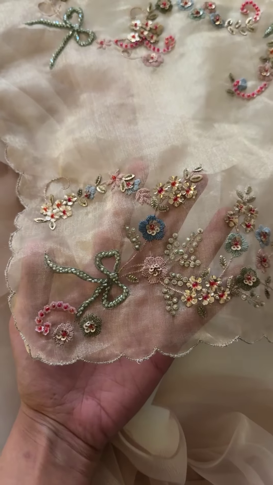 Ivory Floral Thread and Sequin Embroidered Unstitched Fabric - Image 3