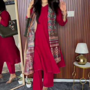 Crimson Red Kurta Set with Printed Ethnic Jacket