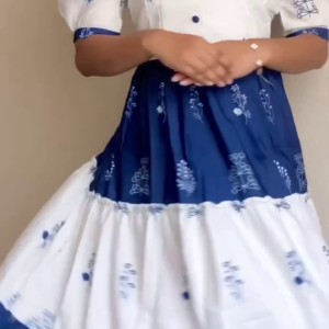 Blue & White Floral Printed Tiered Midi Dress