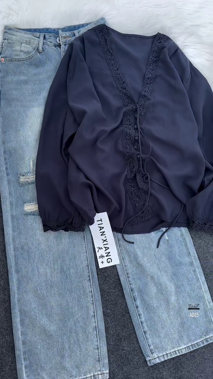 Women’s Elegant Black Lace Blouse with Light-Wash Distressed Jeans Set - Image 2